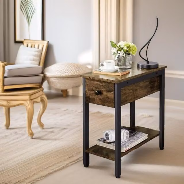 Pirlo Plush Bedside Table with Drawer and Shelf in Rustic Brown – 1