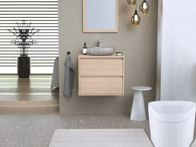 MILIPAM Scandinavian Style Bathroom Unit with Stone Washbasin and Mirror Cabinet in Oak, W: 60.0 cm, D: 45.0 cm, H: 50.0 cm