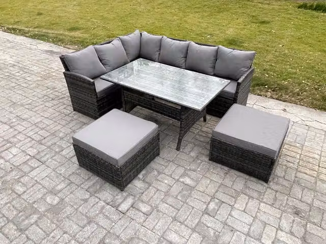 Fimous 8 Seater Outdoor Rattan Garden Furniture Set with Rectangular Dining Table and 2 Footstools in Dark Grey