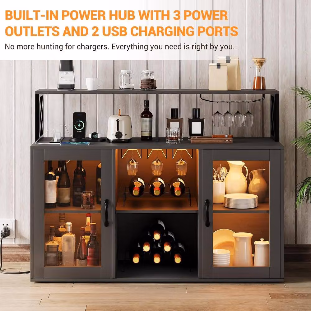 London Boutique Industrial Kitchen Island and Wine Bar Cabinet in Black with Integrated LED Lighting and Power Outlets, W/D/H: 120 x 40 x 91 cm – 5