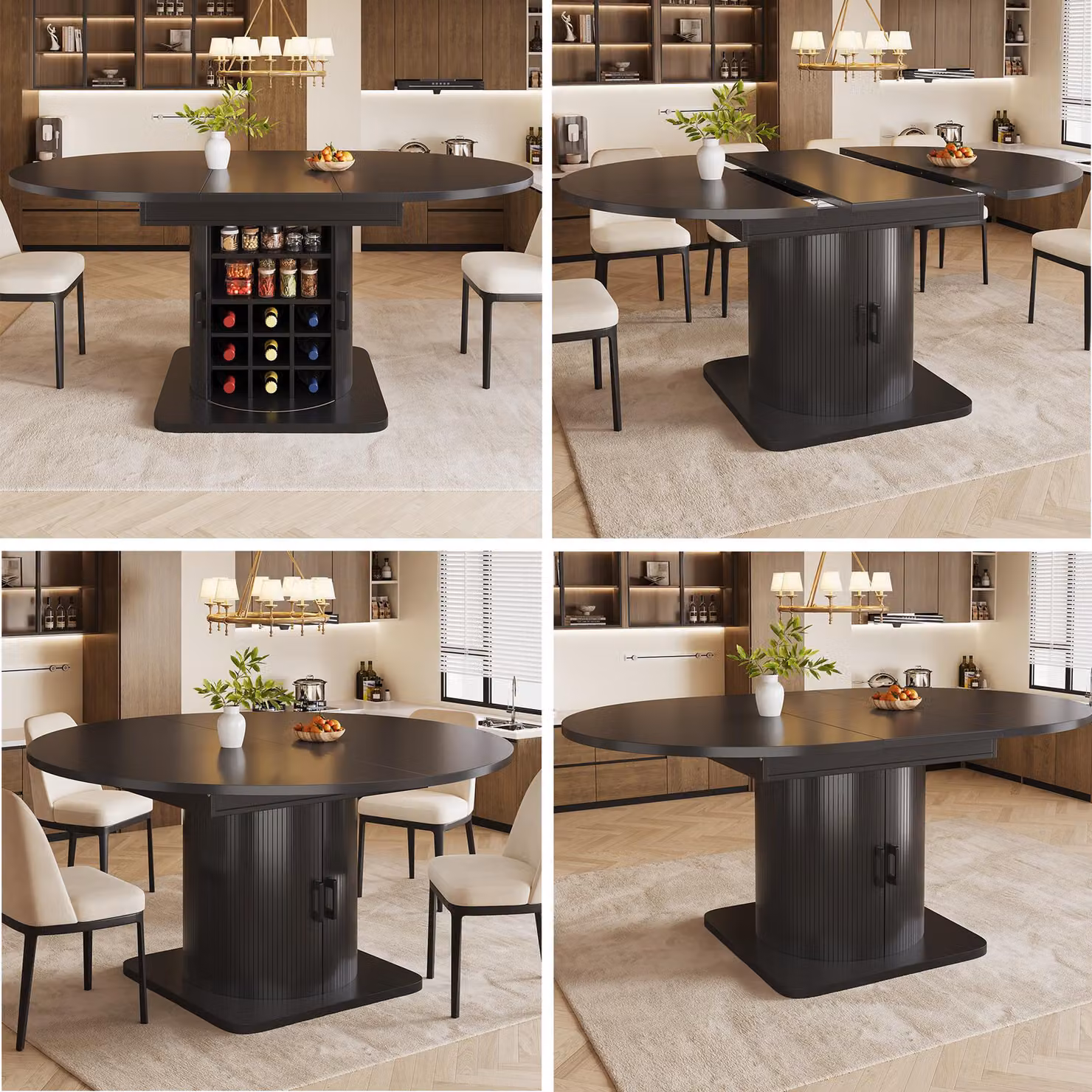 Aosom UK Black Extendable Multifunctional Dining Table with Hidden Storage, Wine Rack and Shelves, W: 118 cm, D: 118 cm, H: 76 cm – 6