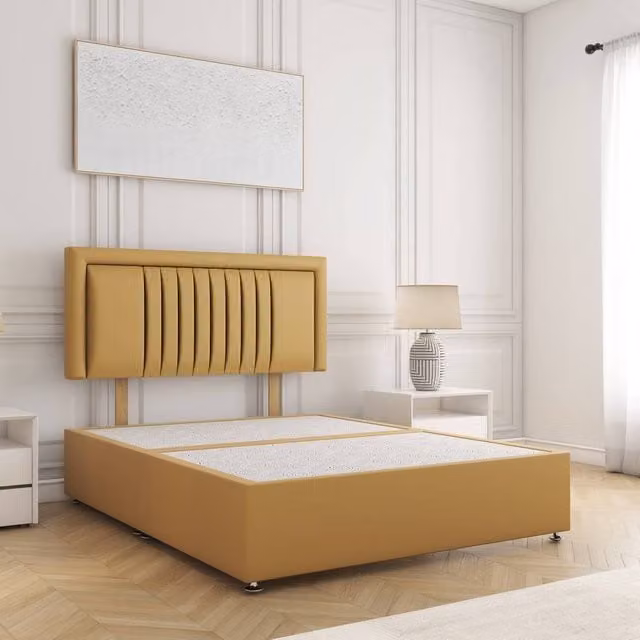 BSSPOKE Canes Divan Bed with 24 inch Plush Velvet Headboard in Yellow, Double Size (W/D: 140 x 200 cm)