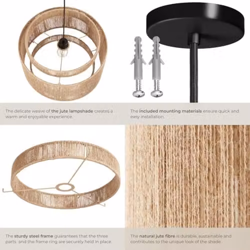 tectake Boho Style Jute Pendant Light in Beige and Brown with Metal Frame, Height Adjustable Suspended Ceiling Lamp for Living Room and Bedroom, Ø 46 x 32 cm – 4