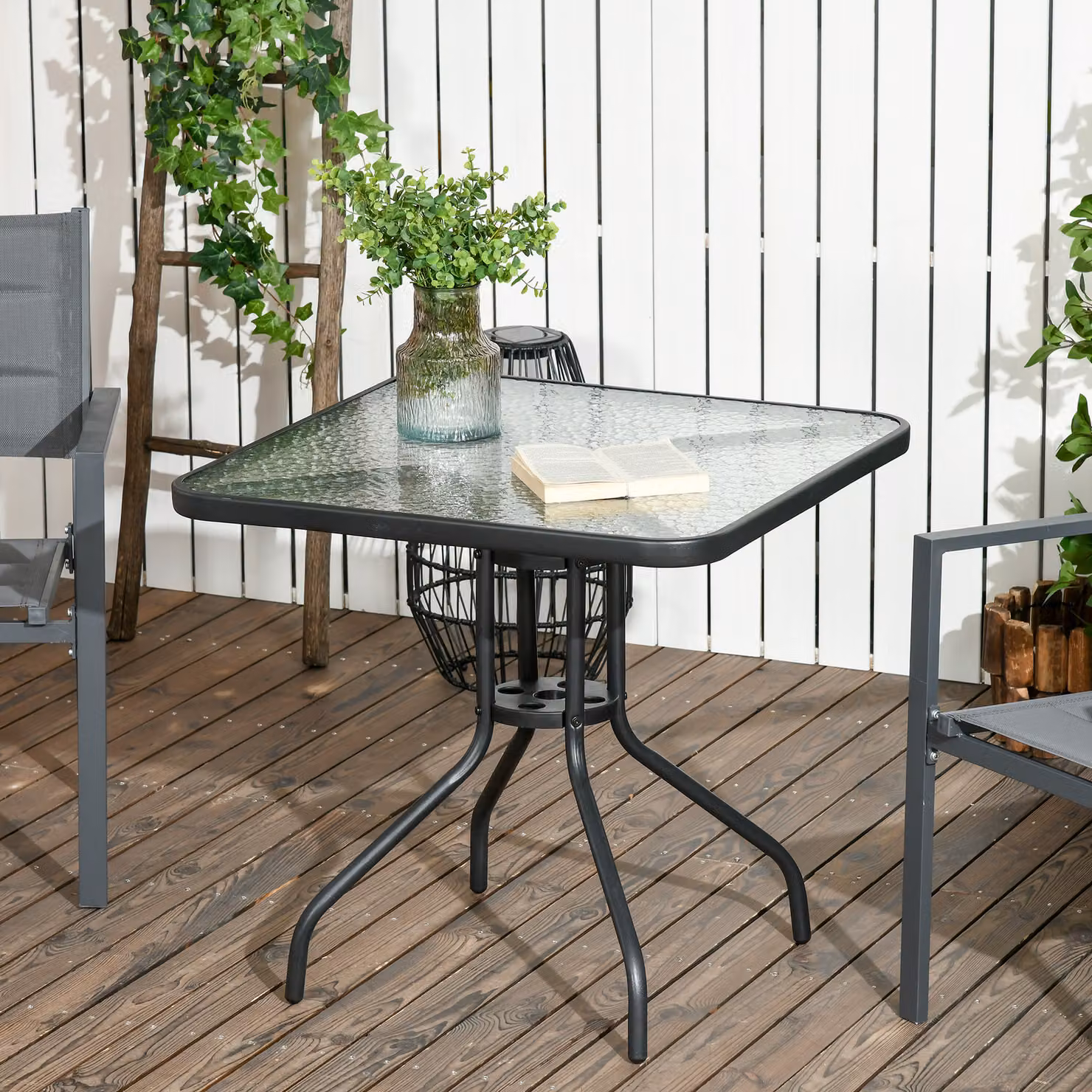 Outsunny Modern Square Bistro Patio Table with Matt Black Powder Coated Steel Frame and Tempered Glass Top featuring Umbrella Hole – 2