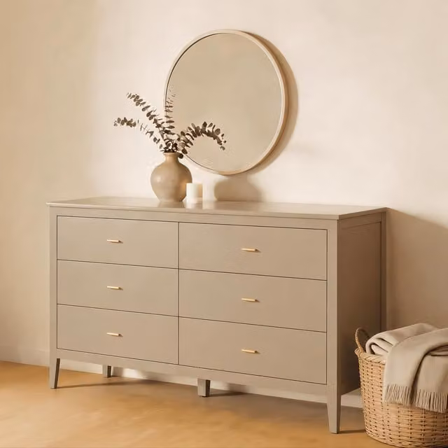 Home Source Grace Wide 6 Drawer Chest with Gold Bar Handles in Greige