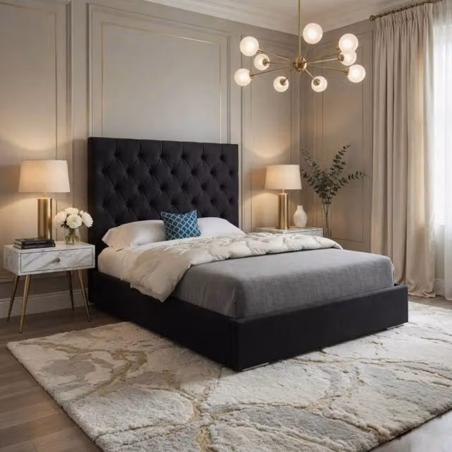 Casani Craster Upholstered Black Velvet Chesterfield Bed Frame, W/D/H: 137 x 120 x 200 cm