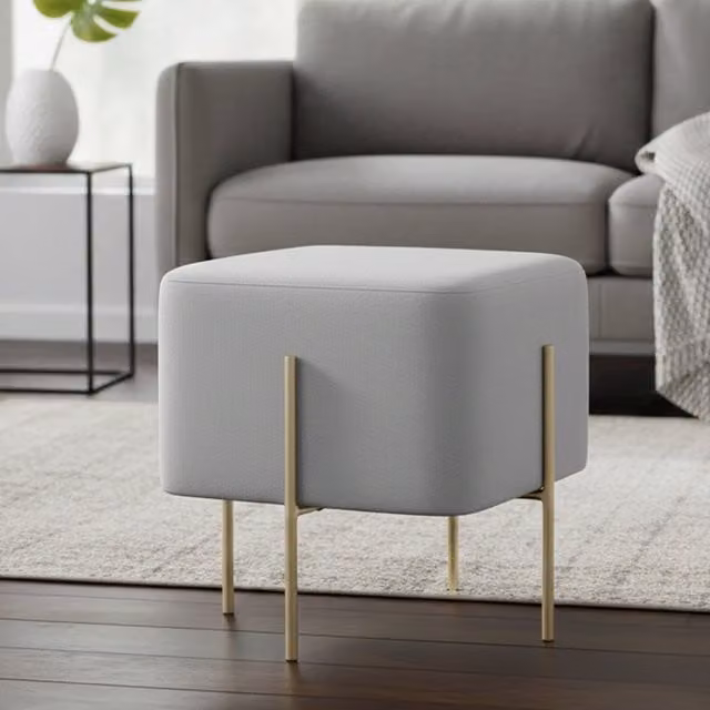 Orsina Grey Velvet Square Accent Stool with Gold Metal Legs