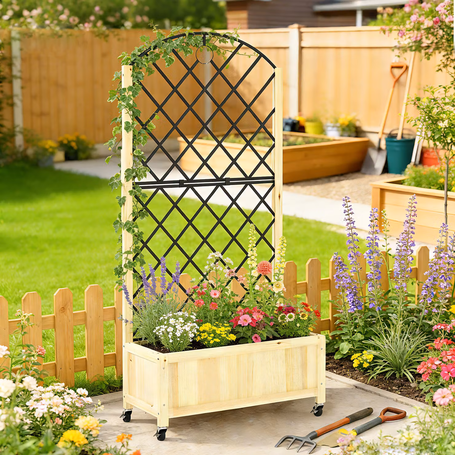 Outsunny Brown Wooden Raised Garden Bed with Metal Trellis and Lockable Wheels – 2