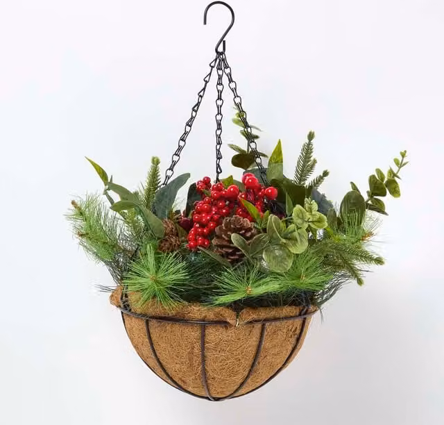 Homescapes Artificial Winter Woodland and Eucalyptus Hanging Basket in Green, Red and Brown