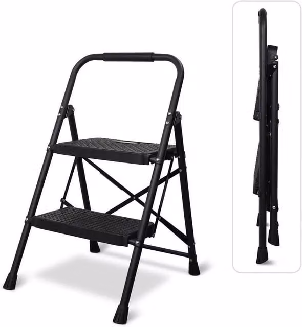 NESTLUNE 2 Step Folding Ladder in Black, Durable Steel with Non-Slip Rubber Feet, W: 40 cm, H: 100 cm