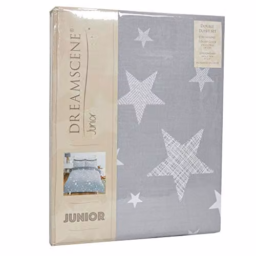 Dreamscene Reversible Stars Kids Duvet Cover and Pillowcase Set in Silver/Grey – 2