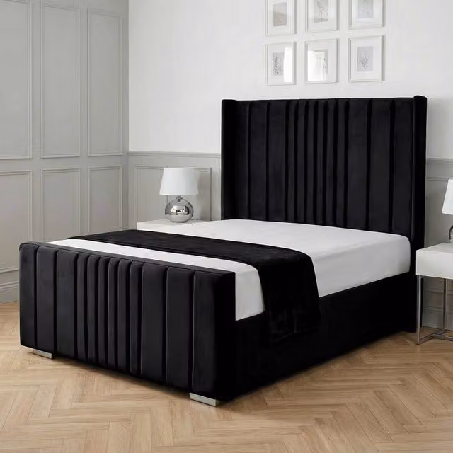 Living Comfort Bedz Cambridge Wingback Upholstered Velvet Bed with Slatted Base in Black, Size: 180 x 200 cm