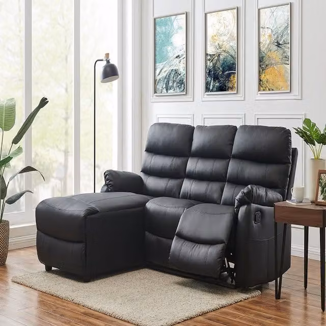 Home Detail Carter 3 Seater L-Shape Sofa with Right-Facing Chaise and Manual Recliner, Black Faux Leather, W/D/H: 206 x 103 x 170 cm – 4