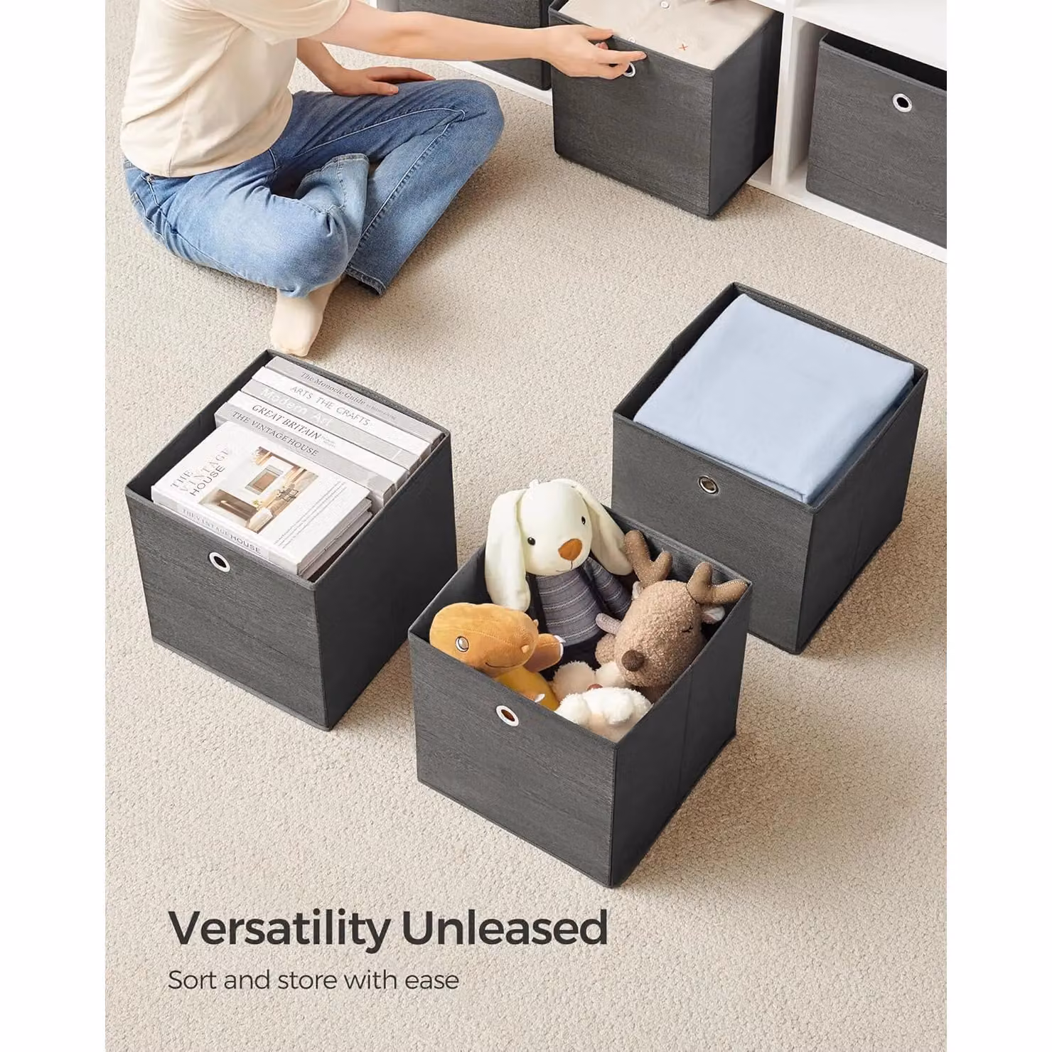 SONGMICS Multi Pack Fabric Storage Boxes with Handles, Grey, W: 30 cm, D: 30 cm, H: 30 cm – 3