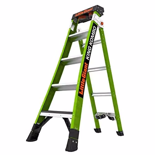 Little Giant King Kombo 5 Tread Industrial Multi-Purpose Fibreglass Ladder, Hi-Viz Green