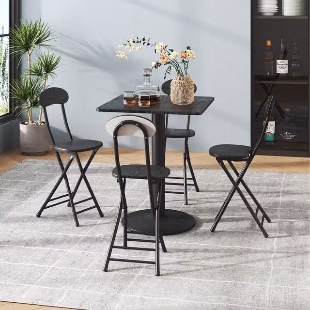 Komore Modern Square Black MDF and Metal Coffee Table with 4 Folding Chairs Set