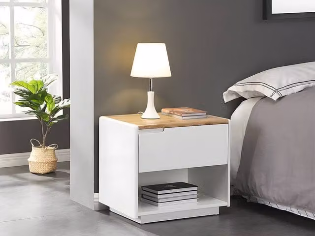 Vente-unique White Lacquered and Light Oak MDF Bedside Table with 1 Drawer and 1 Compartment, W/D/H: 40 x 20 x 55 cm – 1