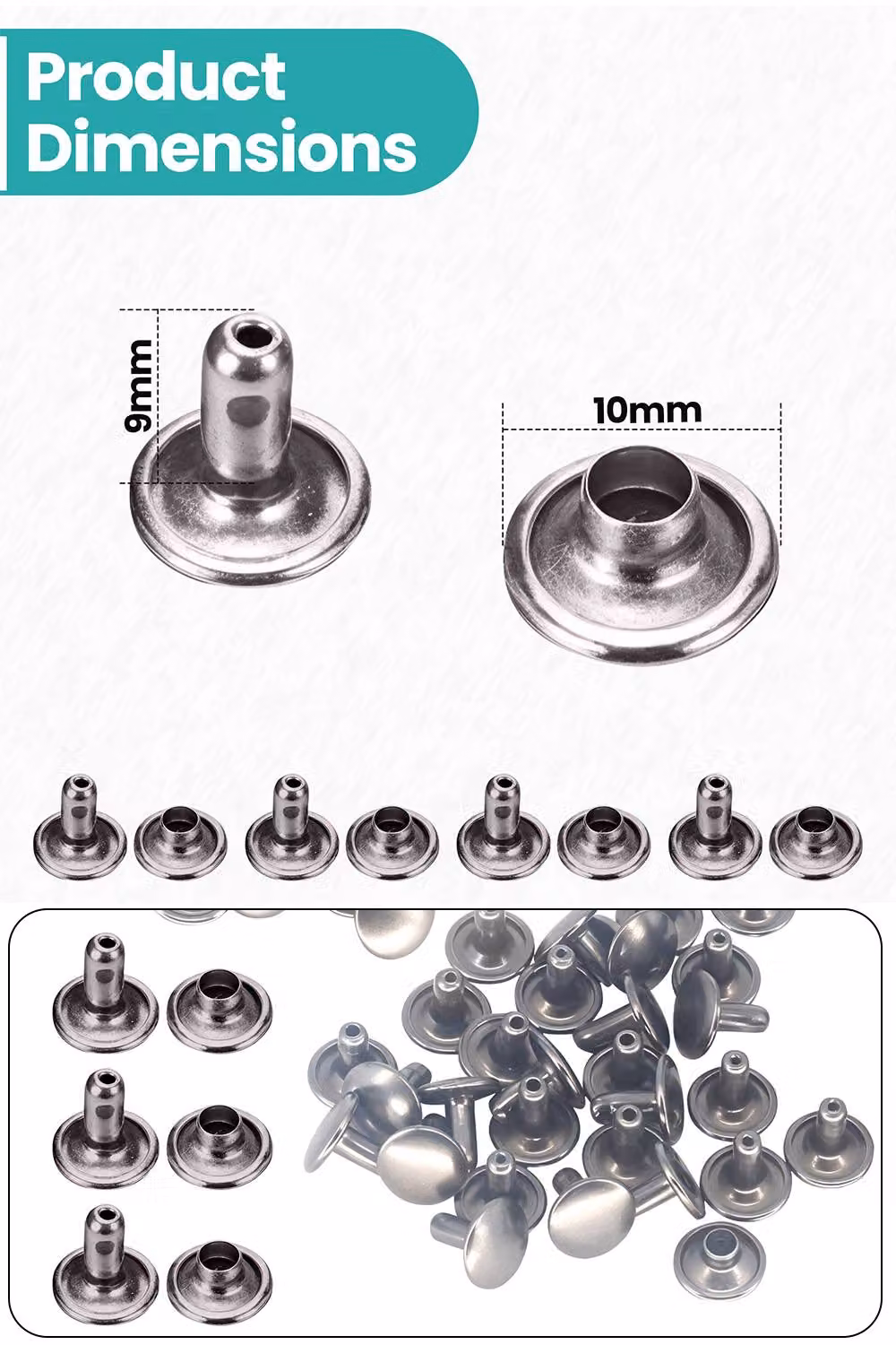 Neel Blue 10mm Double Cap Rivet Tubular Metal Studs, Dark Grey Leather Rivets, 100pcs – 2