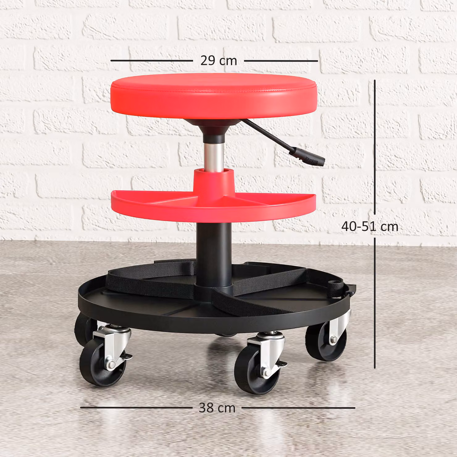 HOMCOM Rolling Mechanic Stool in Red with 360 Degree Swivel, Castors and Tool Tray Storage – 3
