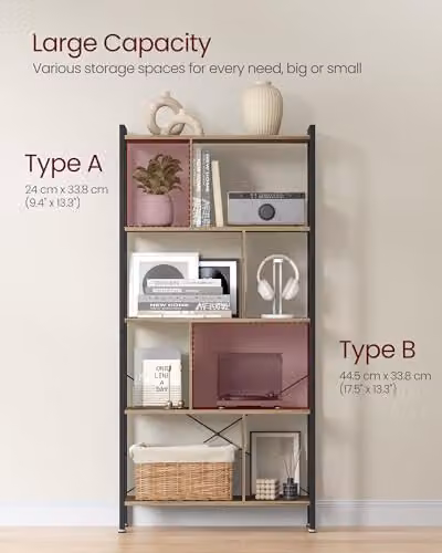 VASAGLE Industrial 5-Tier Large Bookshelf, Freestanding Floor Standing Storage Shelf in Brown and Black, H: 154.5 cm, W: 30 cm, D: 30 cm – 4