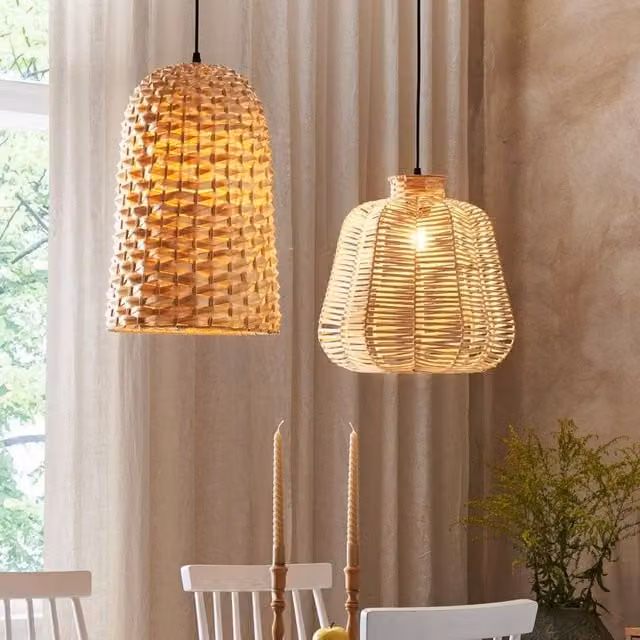 Wyld and Coco Bamboo Pendant Lamp with Hand-Woven Wicker Shade in Brown Boho Style
