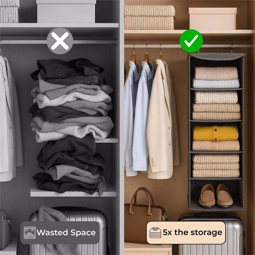 Nordara Grey 5-Tier Hanging Wardrobe Organiser W: 90 cm, D: 30 cm, H: 30 cm – 4