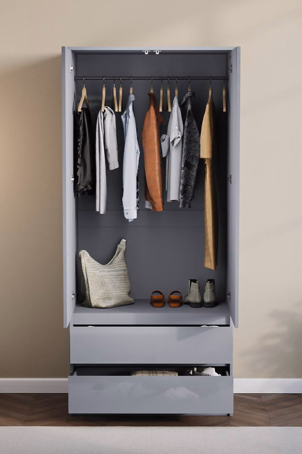 HD Designs Glinton High Gloss 2 Door 2 Drawer Wardrobe in Grey – 3