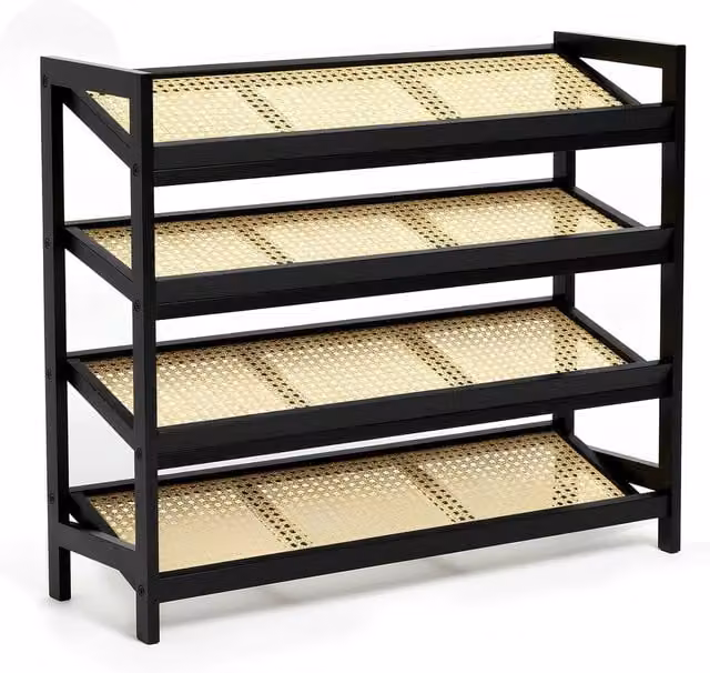 Keplin 4 Tier Bamboo and Rattan Shoe Organiser Rack in Black and Natural