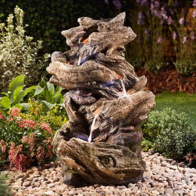 Serenity Brown Four-Tier Cascade Water Feature with LED Lighting and Rustic Wood-Effect Finish