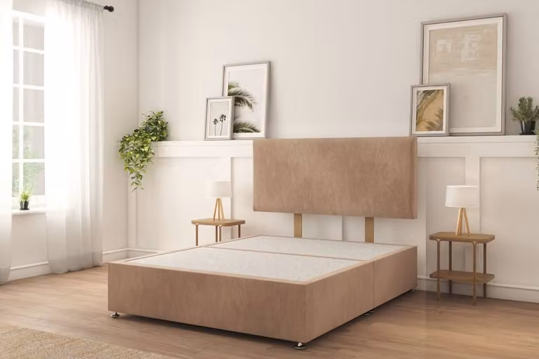 Sloomy Ashford Plush Divan Bed Set with 2 Same Side Drawers and 26 inch Strutted Headboard, Light Brown, W/D/H: 180 x 200 cm