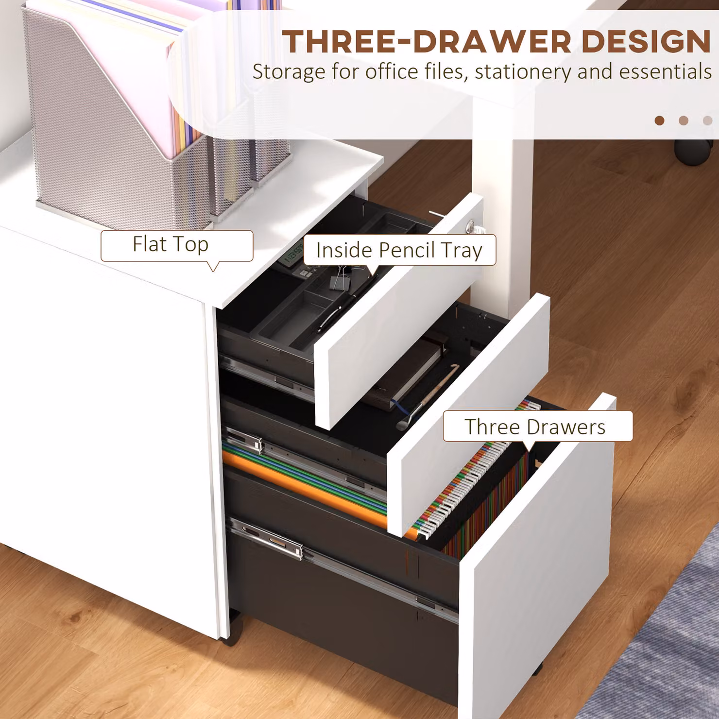 Vinsetto White Metal 3-Drawer Mobile Filing Cabinet with Lock and Pencil Tray – 3