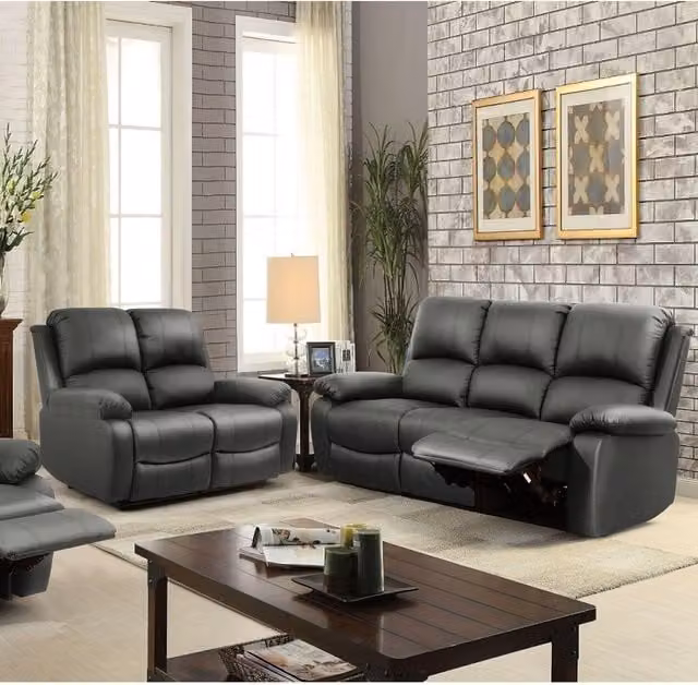 Comfy Living Modern PU Leather Reclining Sofa Set in Dark Grey, including 3 Seater and 2 Seater Sofas