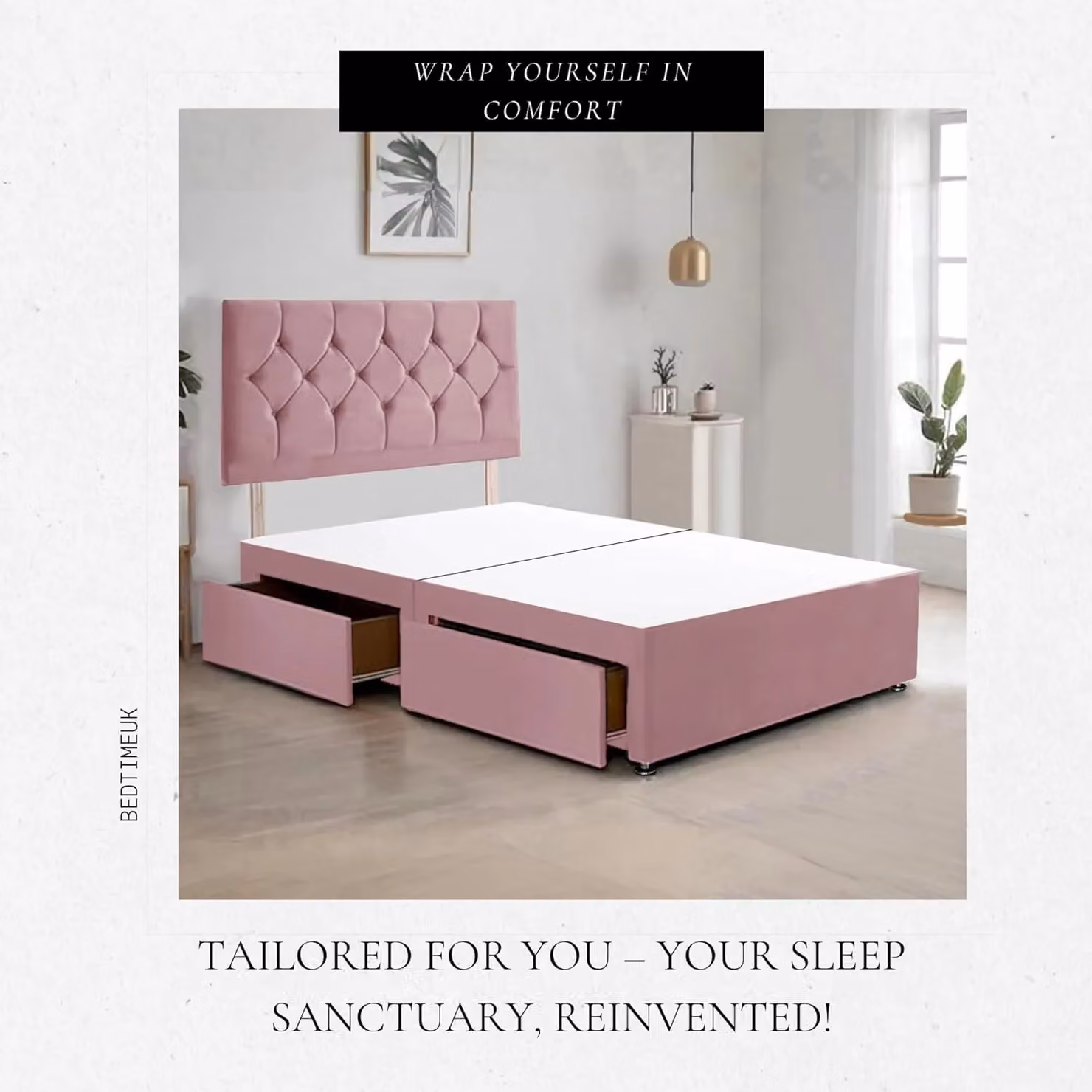 Bed Time UK Ziggy Plush Velvet Divan Bed Frame with 2 Drawers and 20 inch Headboard in Pink, W/D: 90 x 190 cm – 2