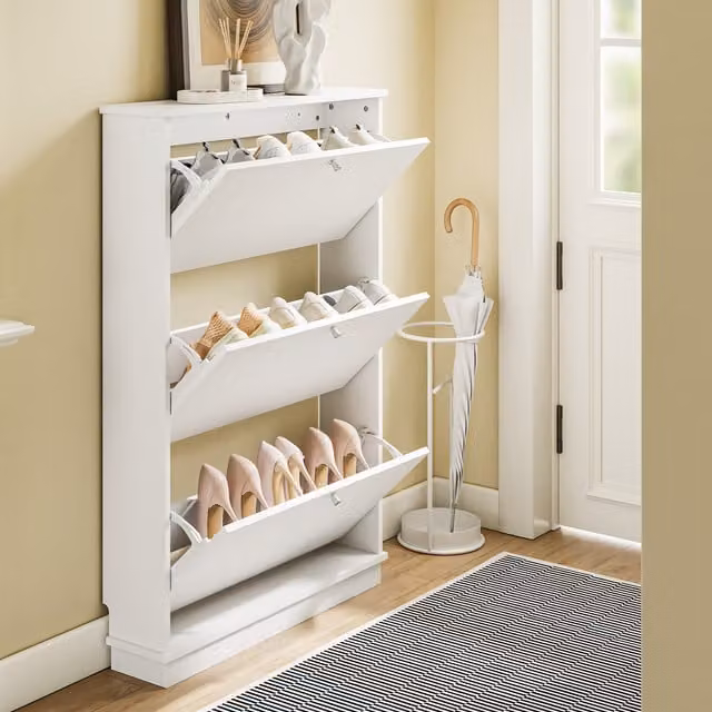 SoBuy Modern White Ultra Narrow Shoe Storage Cabinet with 3 Tilting Compartments, Width: 19 cm