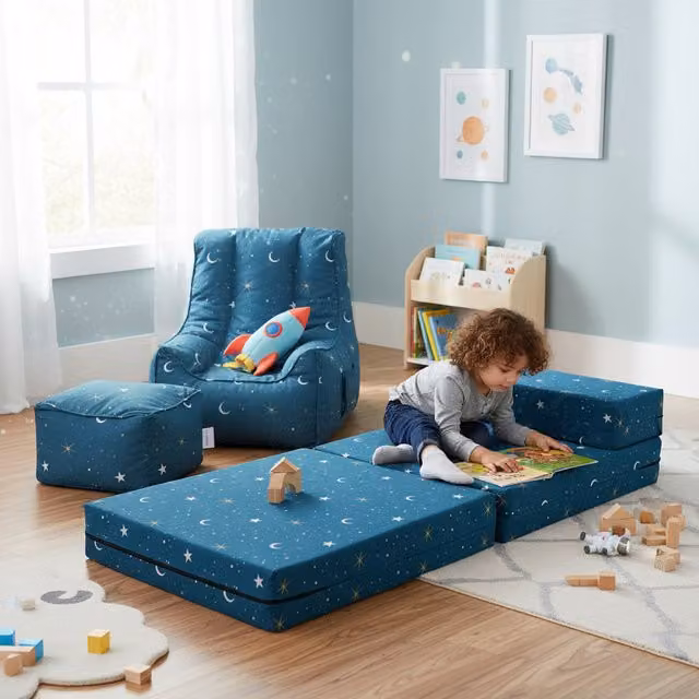 Ready Steady Bed Rex Kids Sofa Bed, Bean Bag Chair and Footstool Set in Blue Multicolour Abstract Design