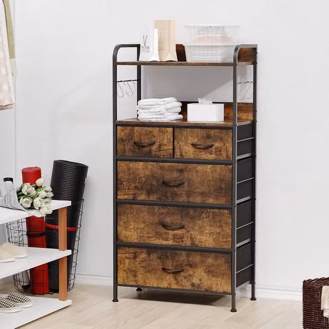 London Boutique Modern 5-Drawer Wooden Dresser and Storage Cabinet in Brown, W: 120 cm, D: 30 cm, H: 60 cm