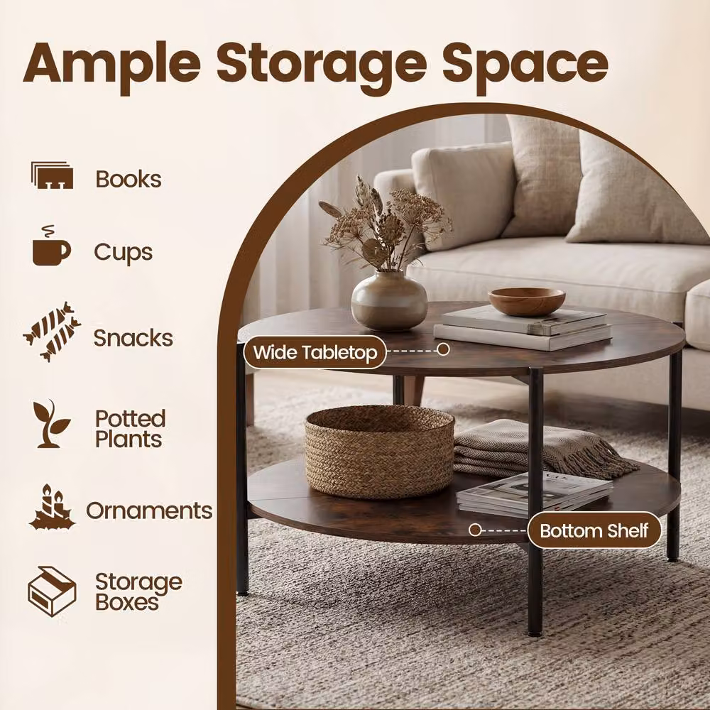 Costway 2-Tier Round Industrial Coffee Table with Storage Shelf in Brown – 5