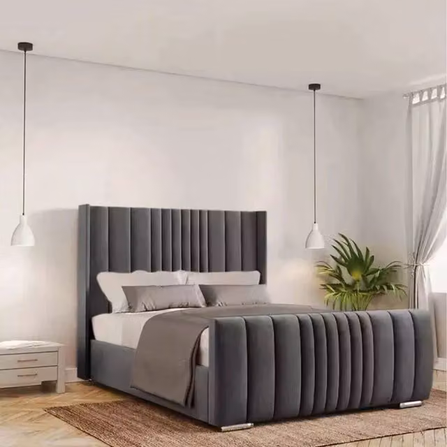Paradise Beds Manthan Wing Back Ottoman Storage Bed in Grey Velvet, W/D/H: 140 x 200 cm