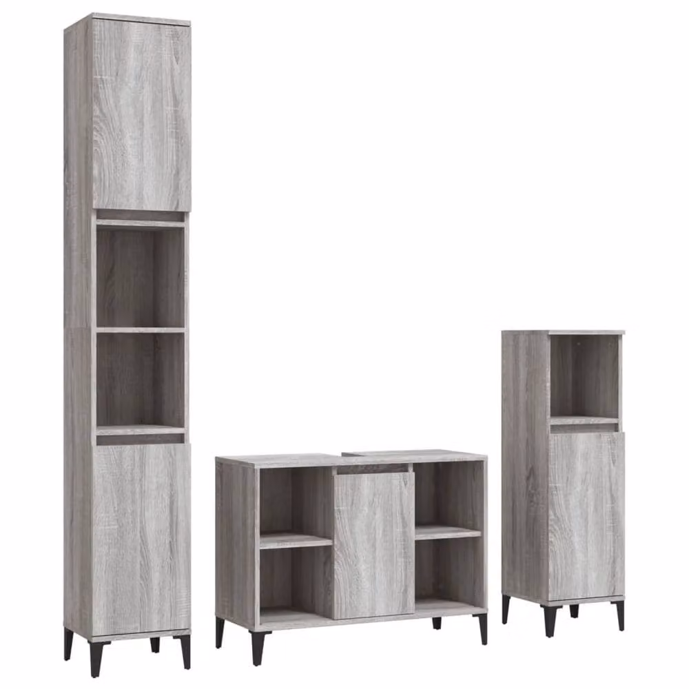 Berkfield Home Modern 3 Piece Grey Bathroom Furniture Set with Tall Cabinet and Hinged Doors – 2