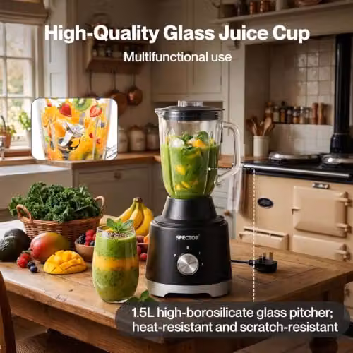 Spector Food Processor 1500W with 2.5L Bowl and 1.5L Glass Jug, Black – 10