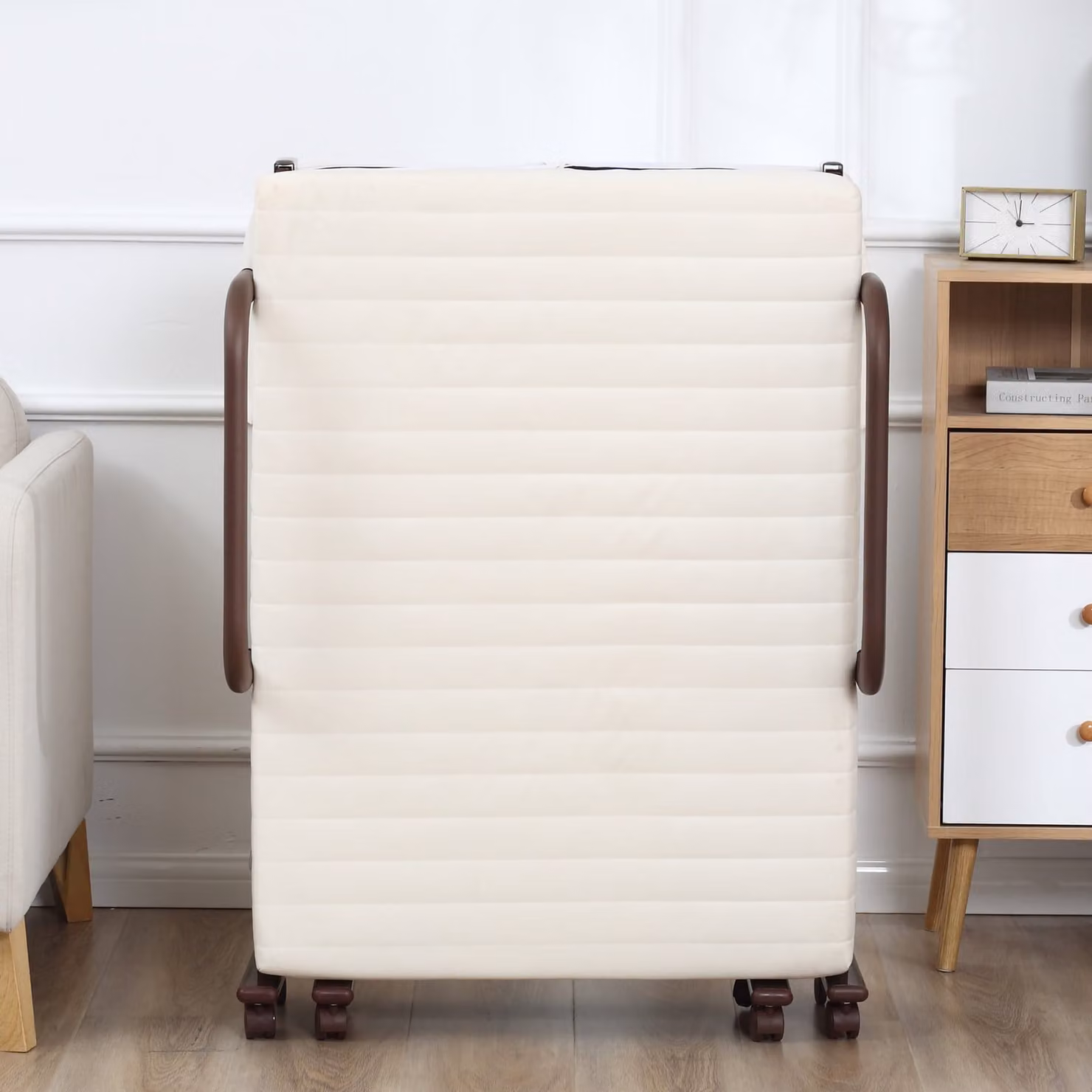 HOMCOM Brown Folding Bed with 8cm Mattress and Adjustable Backrest on Metal Wheels – 7