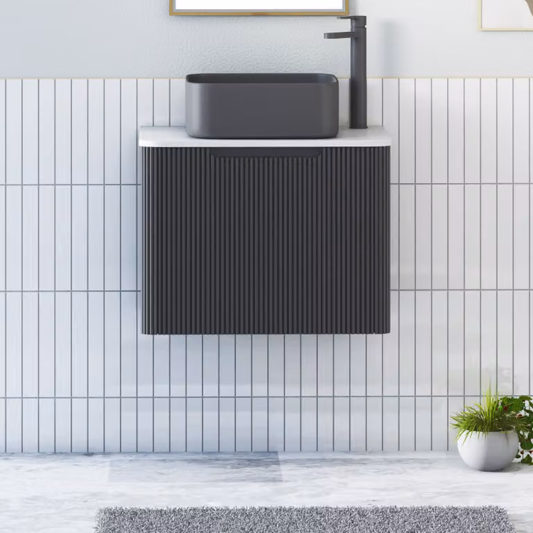 Royal Bathrooms Avenza Wall Hung Vanity Unit with Art Square Basin, Matt Obsidian Black and Plain White Worktop, 600mm