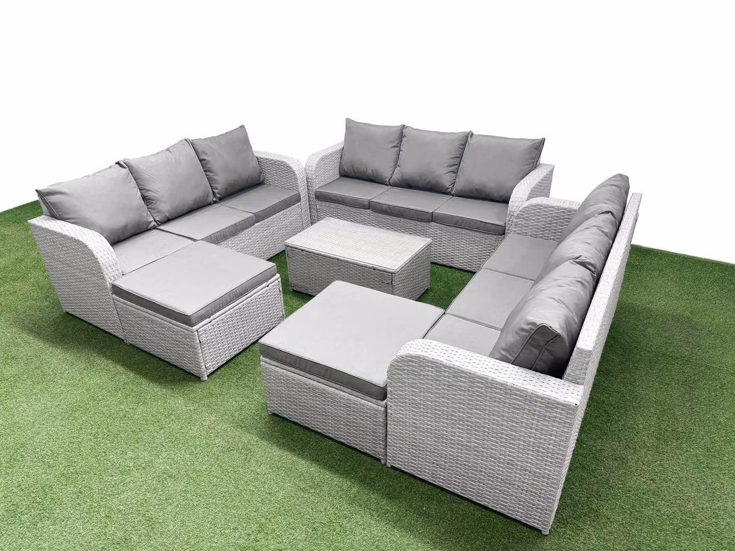 Fimous 11 Seater PE Rattan Outdoor Garden Furniture Set in Light Grey with 3 Seater Sofa, Rectangular Coffee Table and 2 Large Footstools