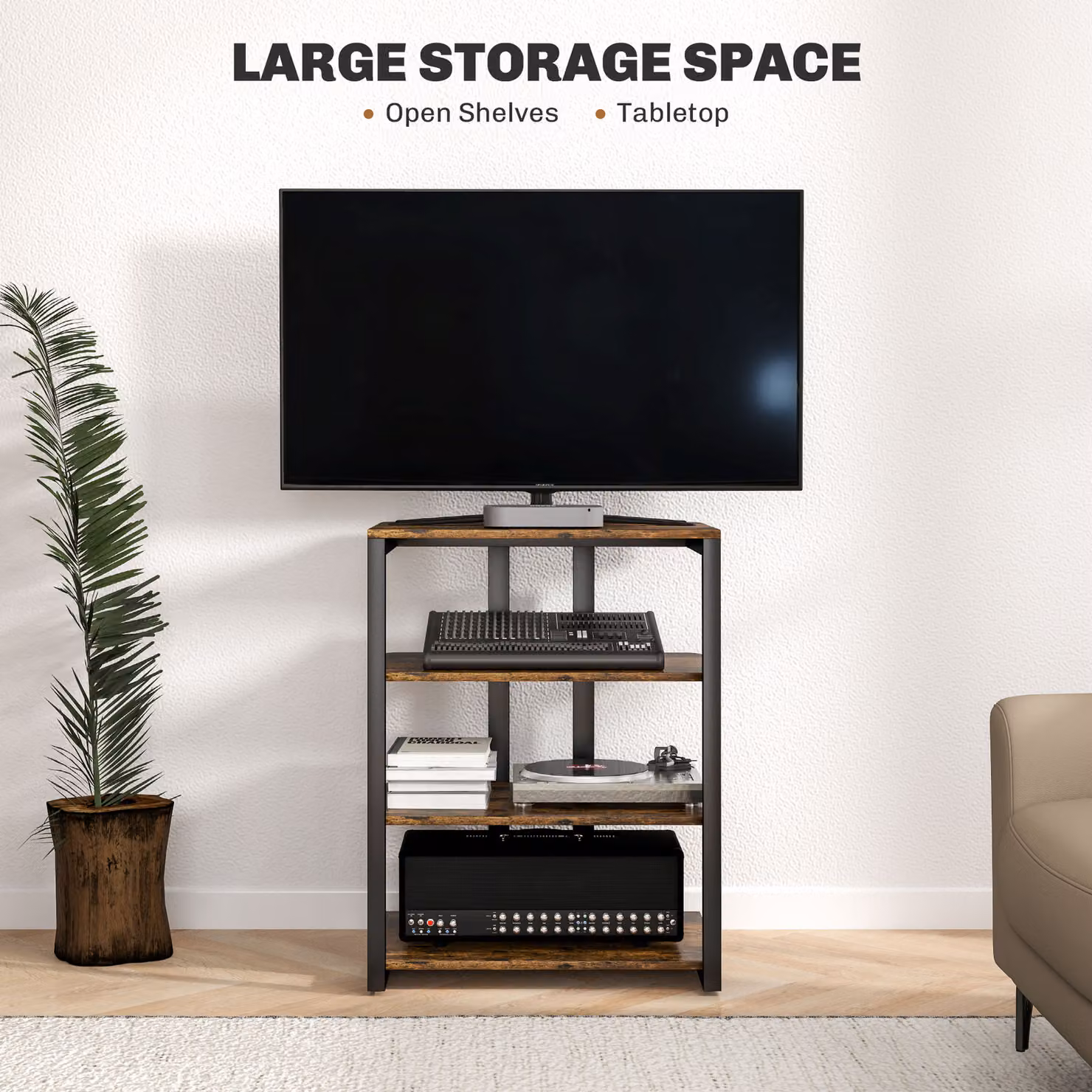 HOMCOM HiFi Stand with Four Adjustable Storage Shelves in Rustic Brown – 4