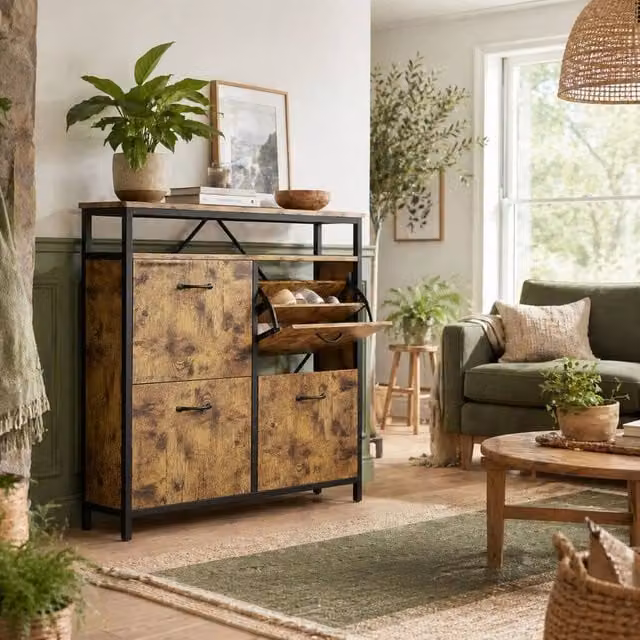 Wyld Haus Vebael Industrial Shoe Cabinet in Brown and Black with 4 Tilting Compartments and Top Shelf