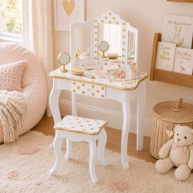 Teamson Kids Princess Gisele 2-Piece Wooden Play Vanity Set with Tri-Fold Mirror, Storage Drawer and Matching Stool in White and Gold Polka Dot – 2