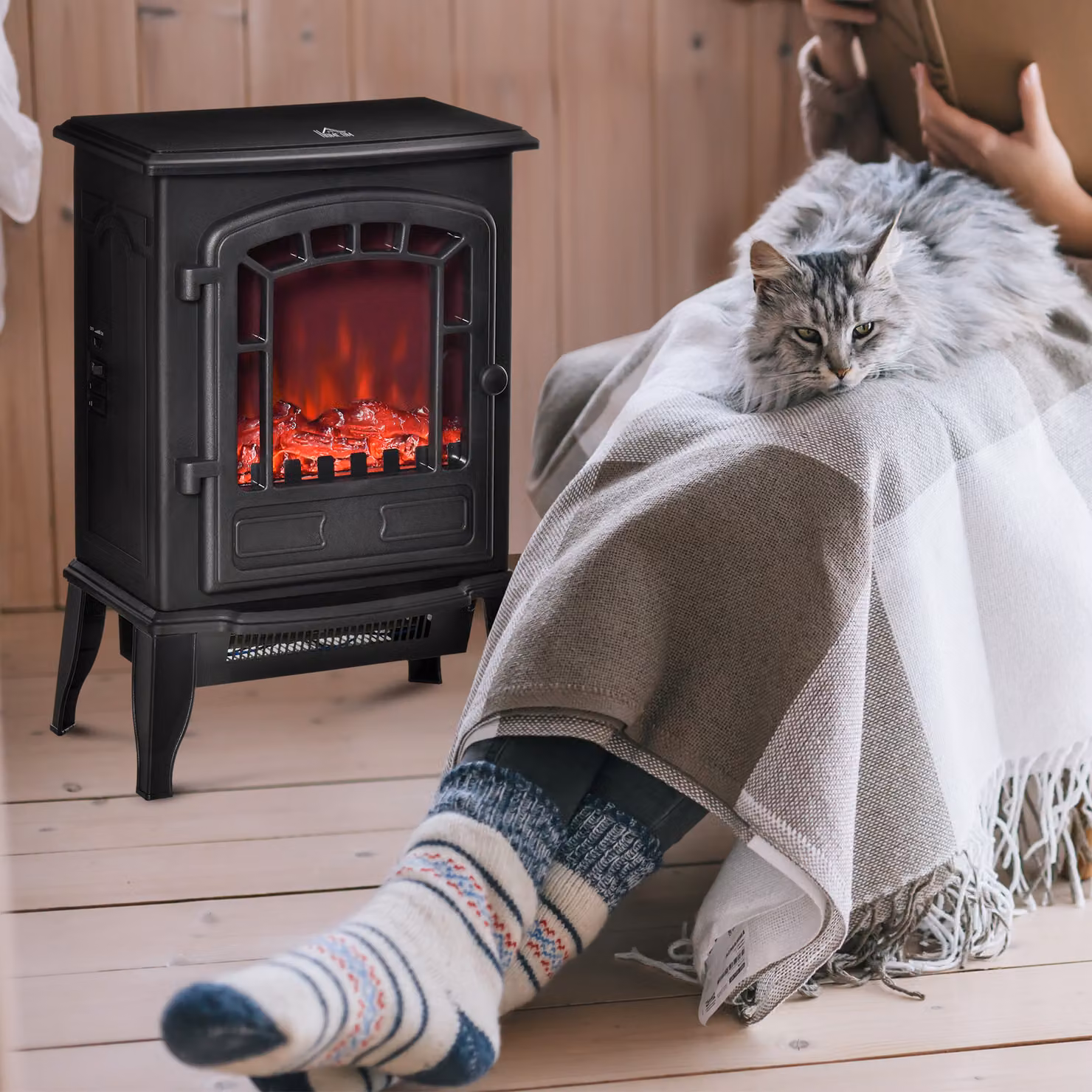 HOMCOM Freestanding Electric Fireplace Stove with Realistic Flame Effect in Black – 2