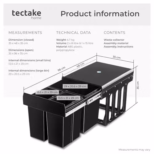 tectake Ashlyn Kitchen Bin with 3 Compartments and Telescopic Rails, Black, 31L Capacity – 6