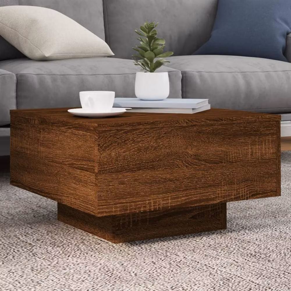 Berkfield Home Modern Square Coffee Table with LED Lights in Brown Oak, W/D/H: 55 x 55 x 31 cm – 1