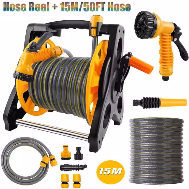FLAVORA Black Freestanding Garden Hose Reel Trolley with 15m Hose – 1
